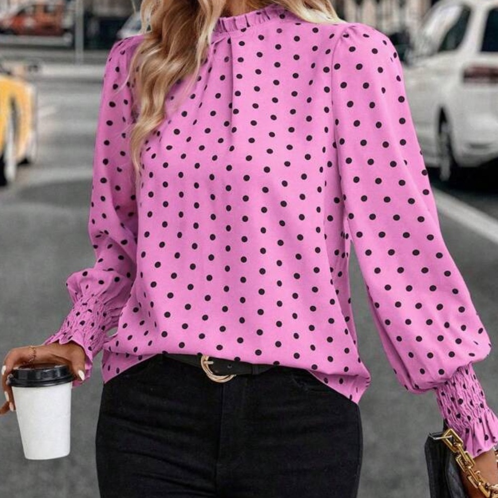 We pink polka dot long sleeve blouse - Picture 5 of 5